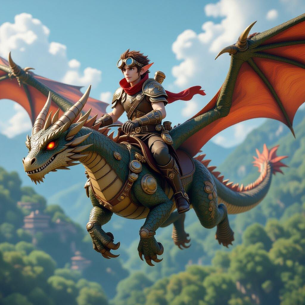 Elf on Bronze Dragon in Steampunk Anime Style