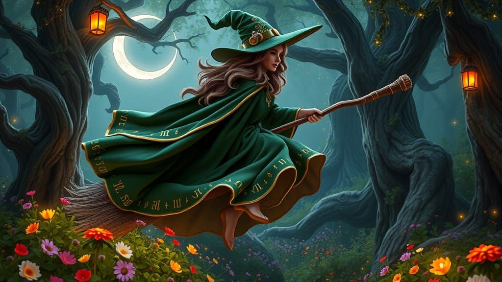 Enchanted Witch Soars Through Whimsical Forest on Broom