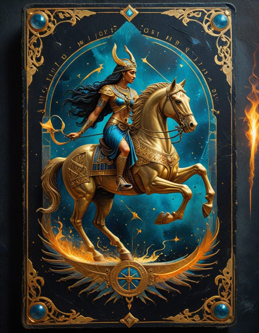 Egyptian Chariot Racer Tarot Card in Gold Border with Ancien...