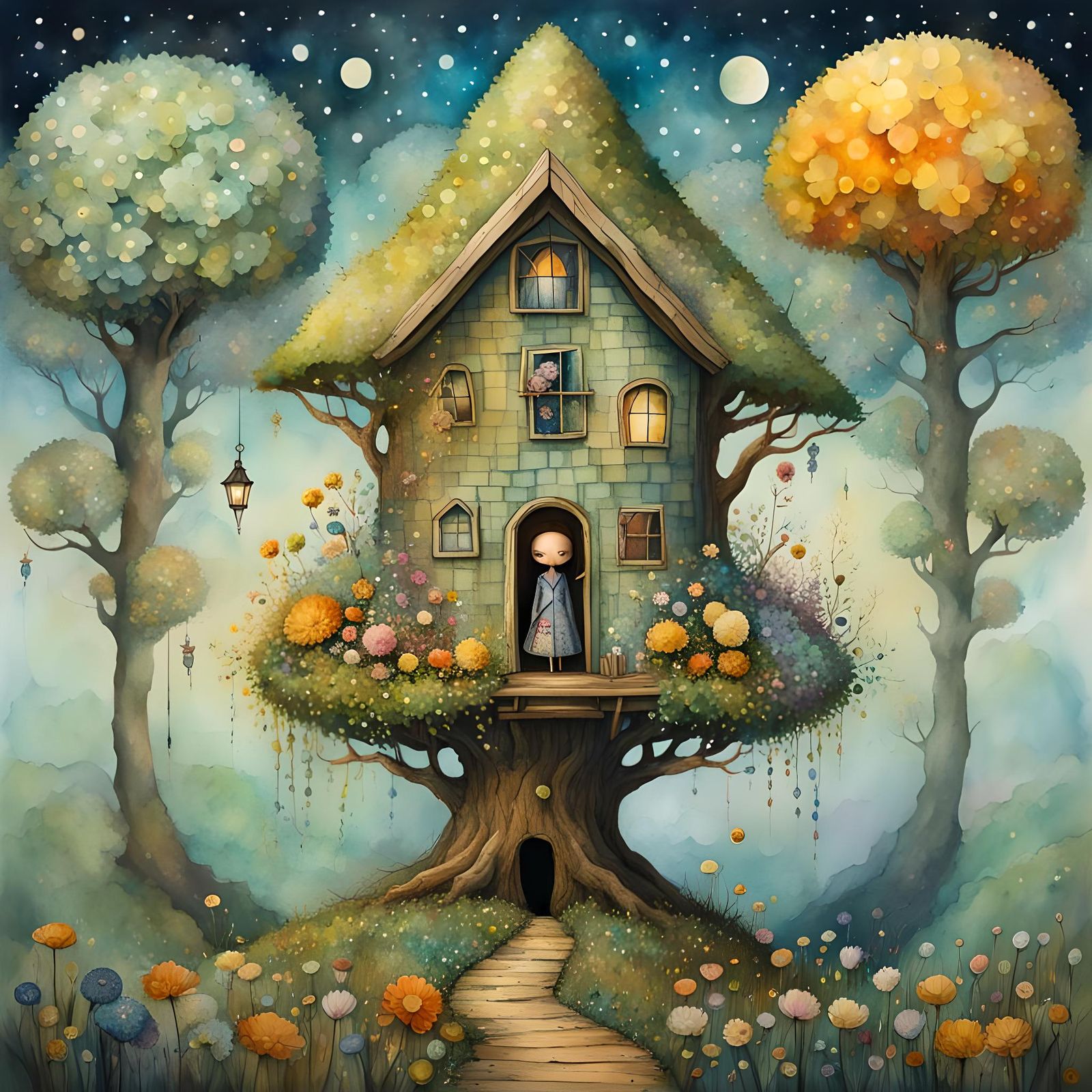 Pastel Flower Child and Treehouse in Watercolor Surrealism