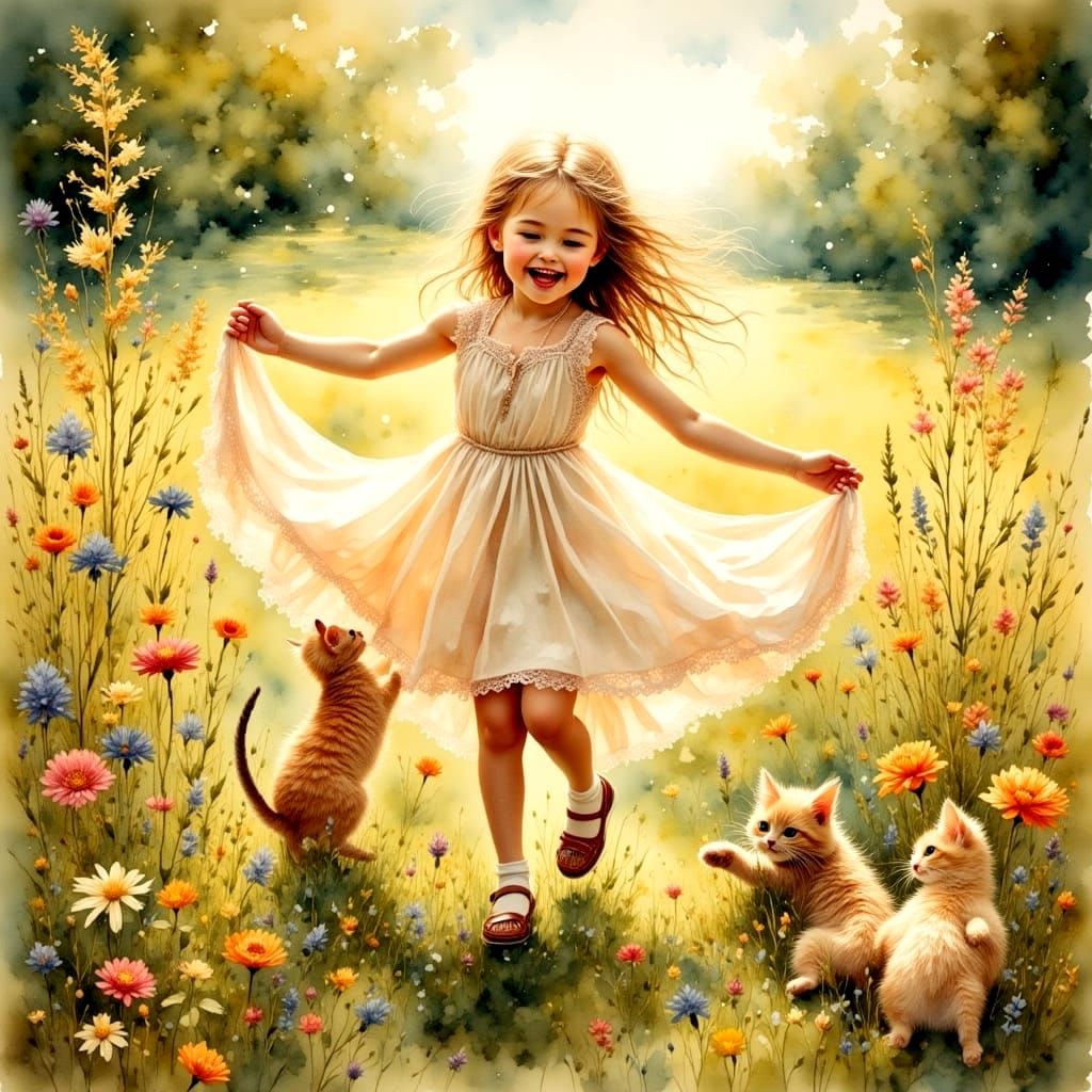 Girl and Kittens in Sunlit Meadow, Antique Watercolor