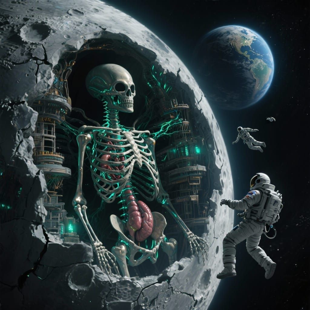 Alien Skeleton Revealed Inside Cracked Moon with Earth View