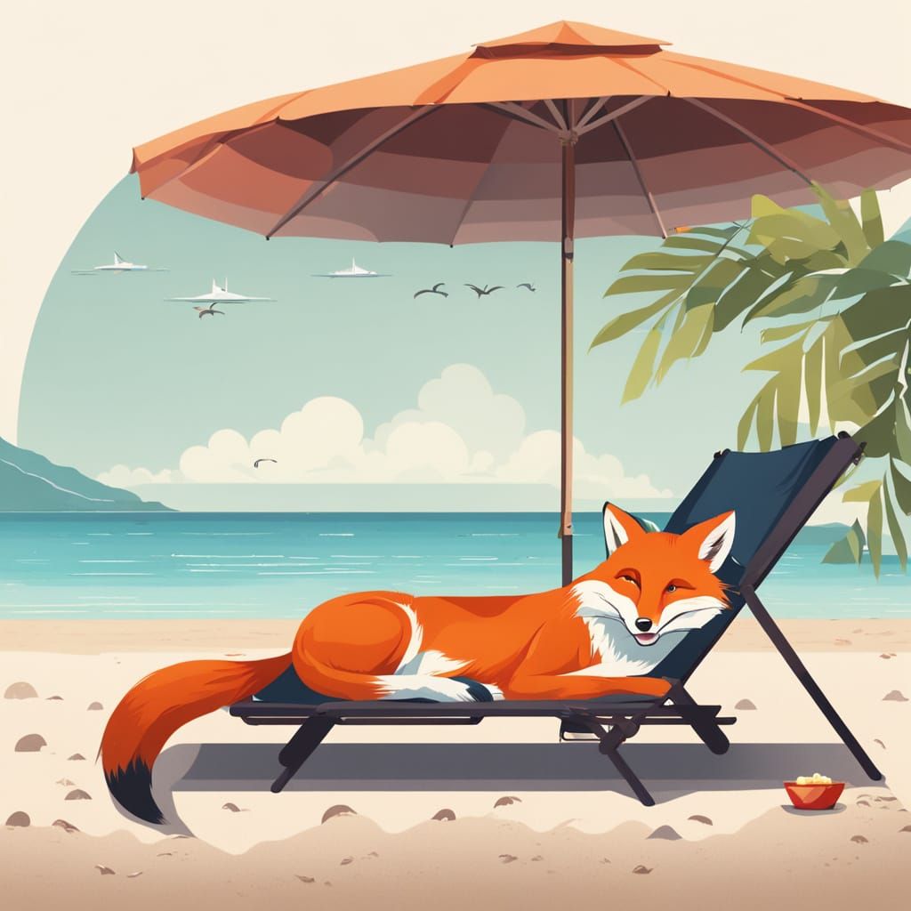 Fox on Beach Lounger with Food, Digital Art