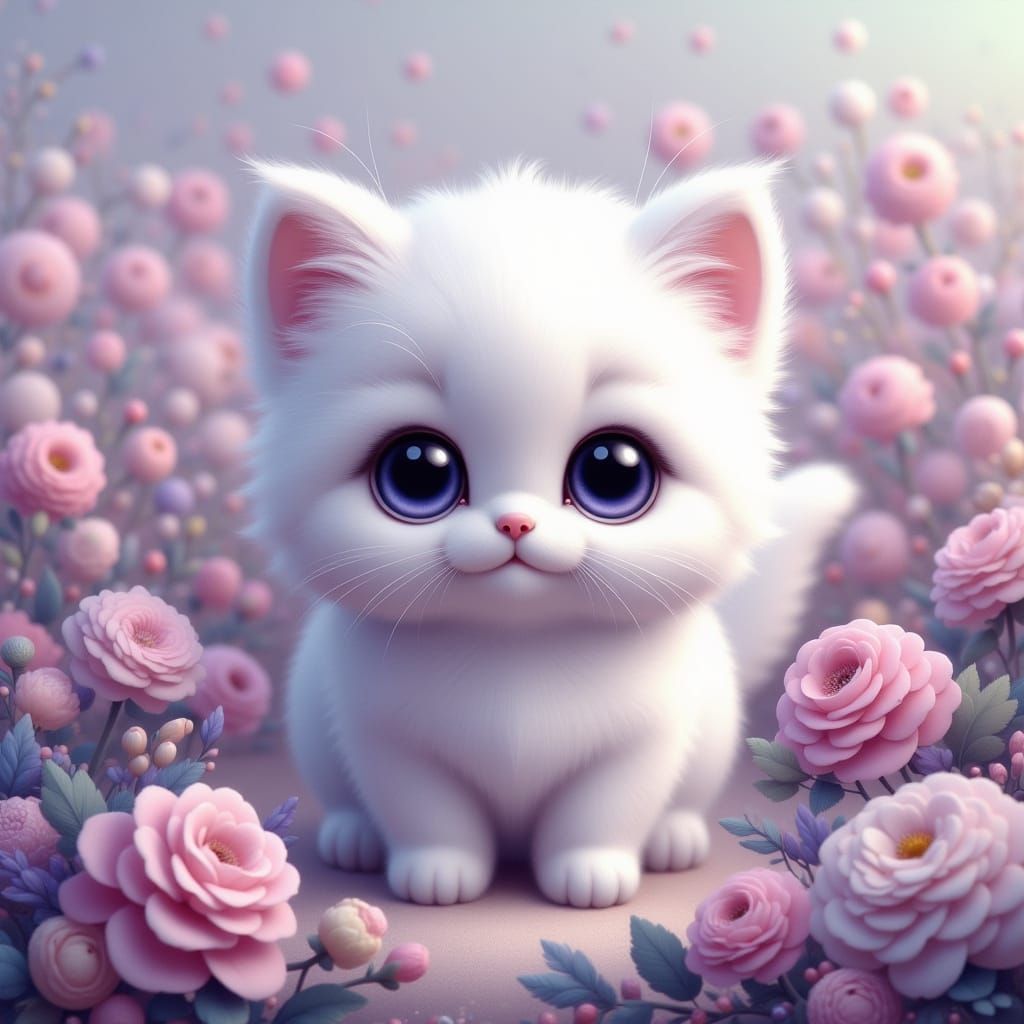 Adorable Pastel Kitten in a Vibrant Garden
