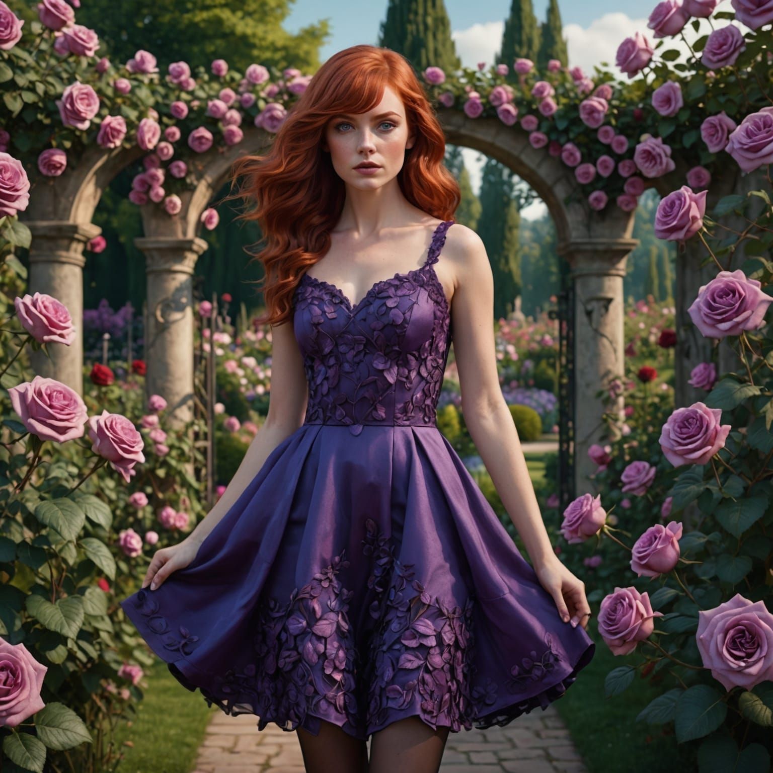 Woman in Rose Garden, Detailed Matte Painting