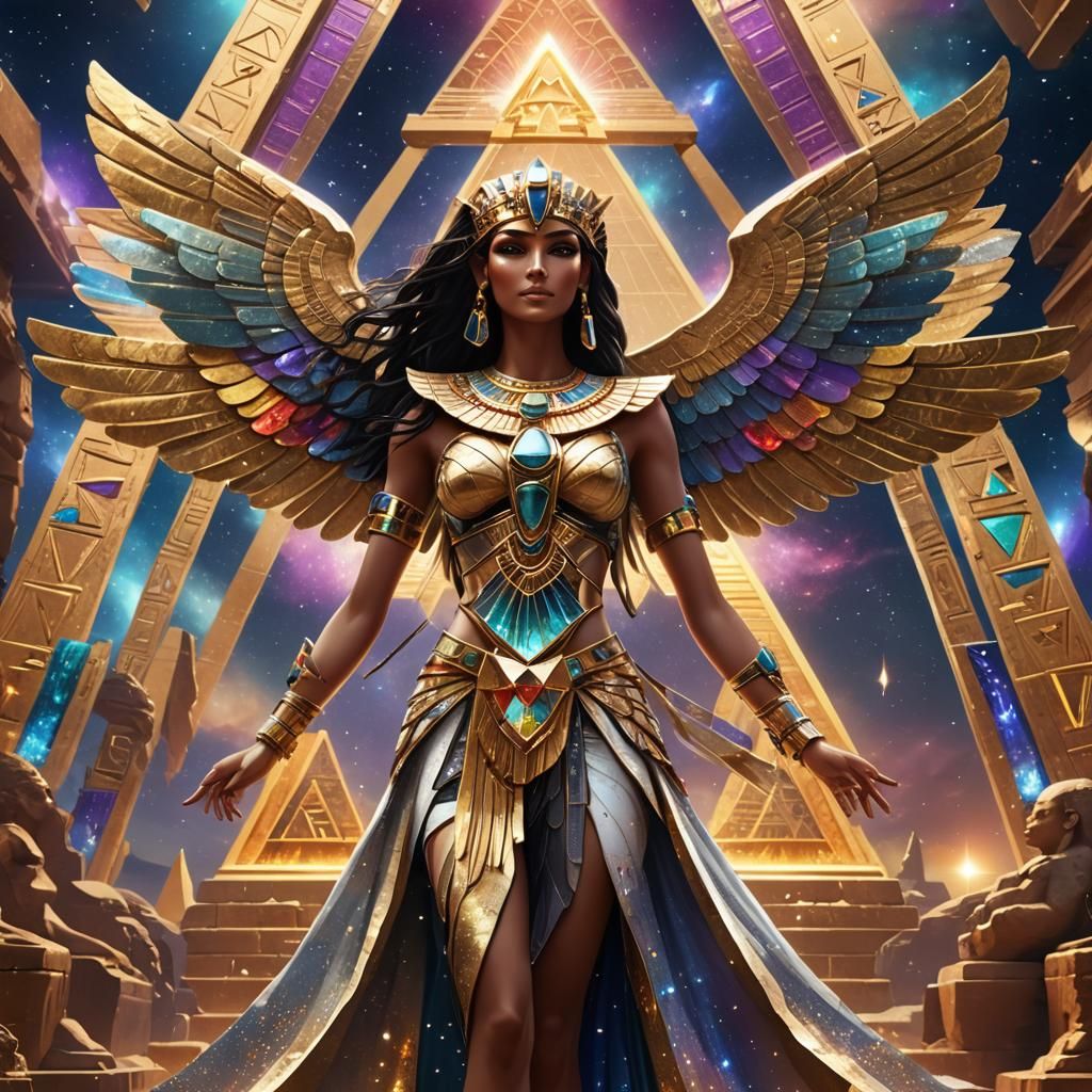 Winged Egyptian Goddess in Galactic Pyramid