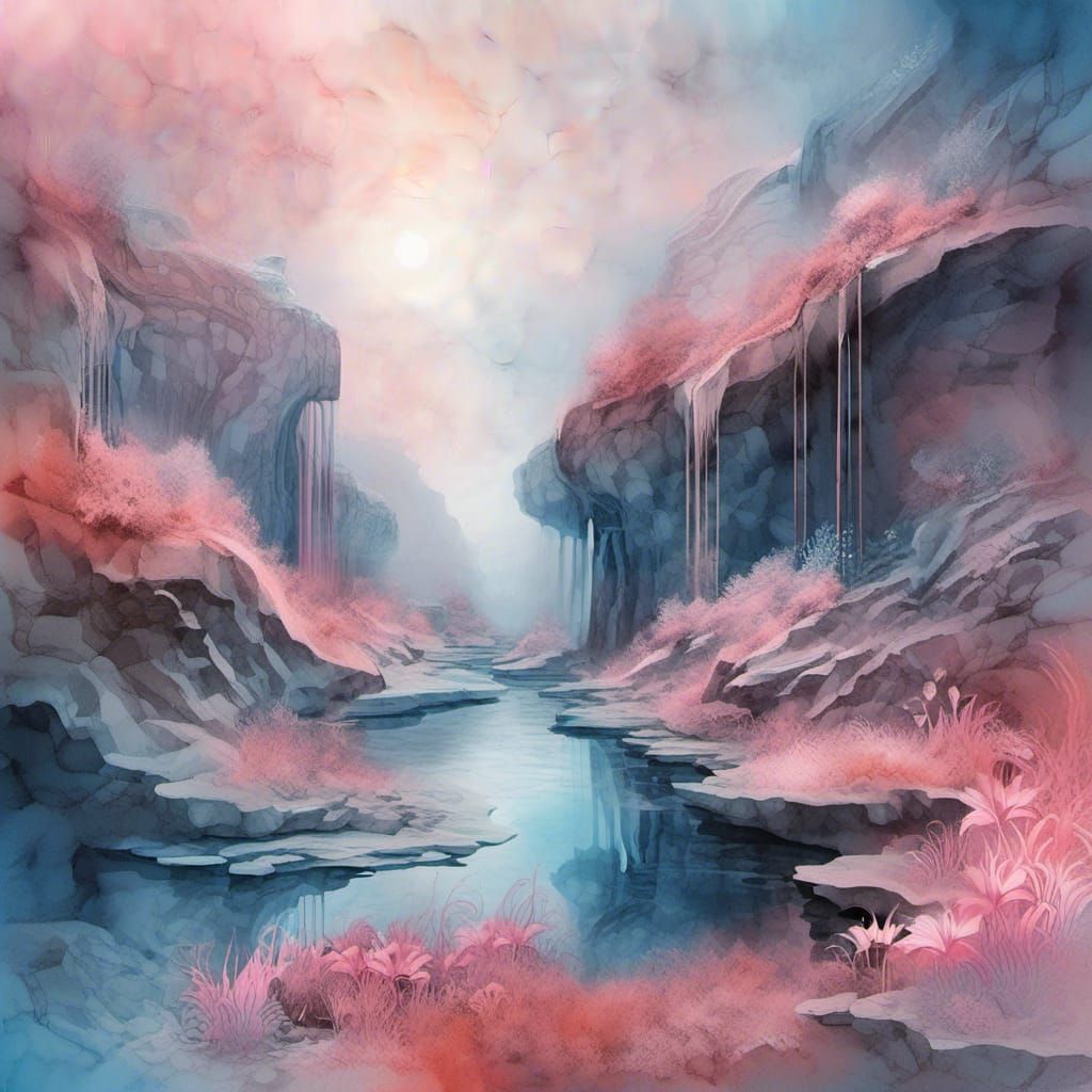 "<lora:Frequency:1.0>Create a fantastical scene with vertiginous cliffs that melt and distort, blending into surreal ski...