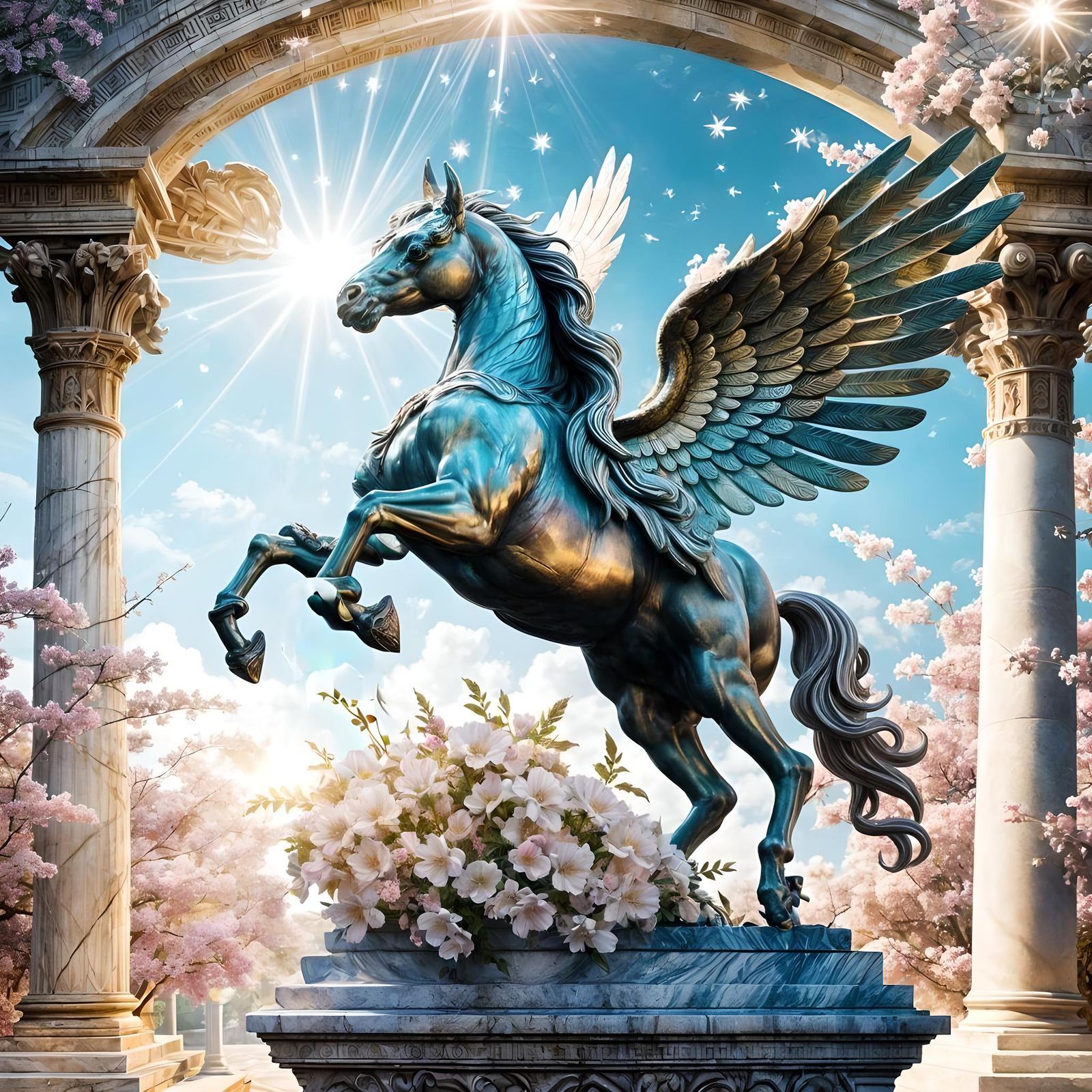 Iridescent Marble Pegasus Statue in Sunlight