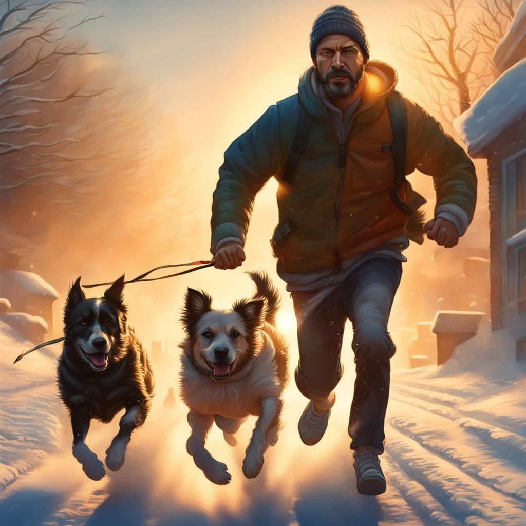 Man and Dogs Running in Blizzard: Hyperrealistic Splash Art