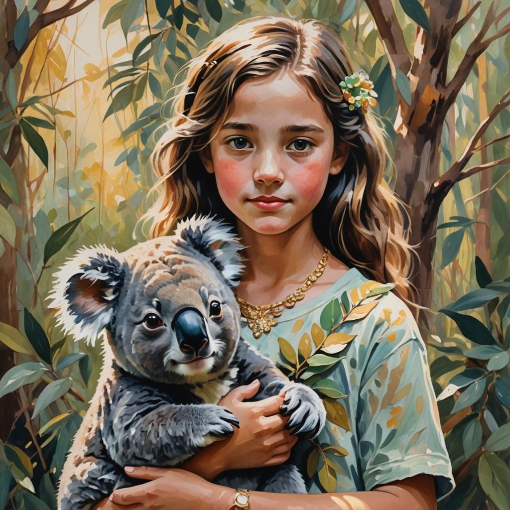 Girl with Koala in Impressionist Gouache Style