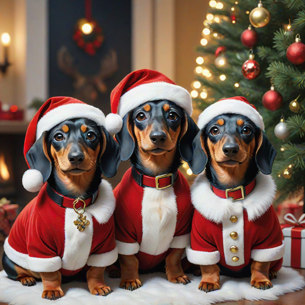 Joyful Dachshund Cub Santa Carolers Amidst Festive Winter Wo...