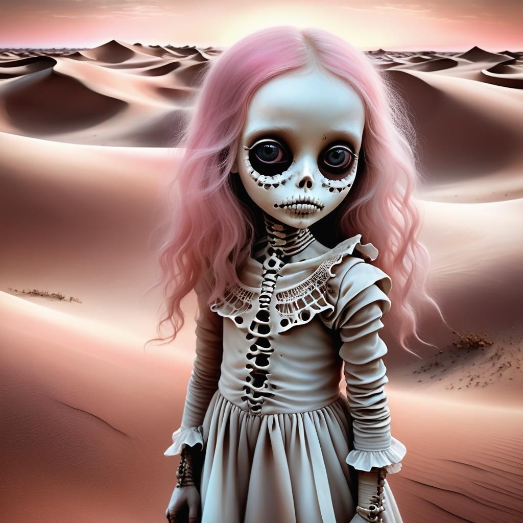 Girl with Reflective Eyes on Pink Dunes