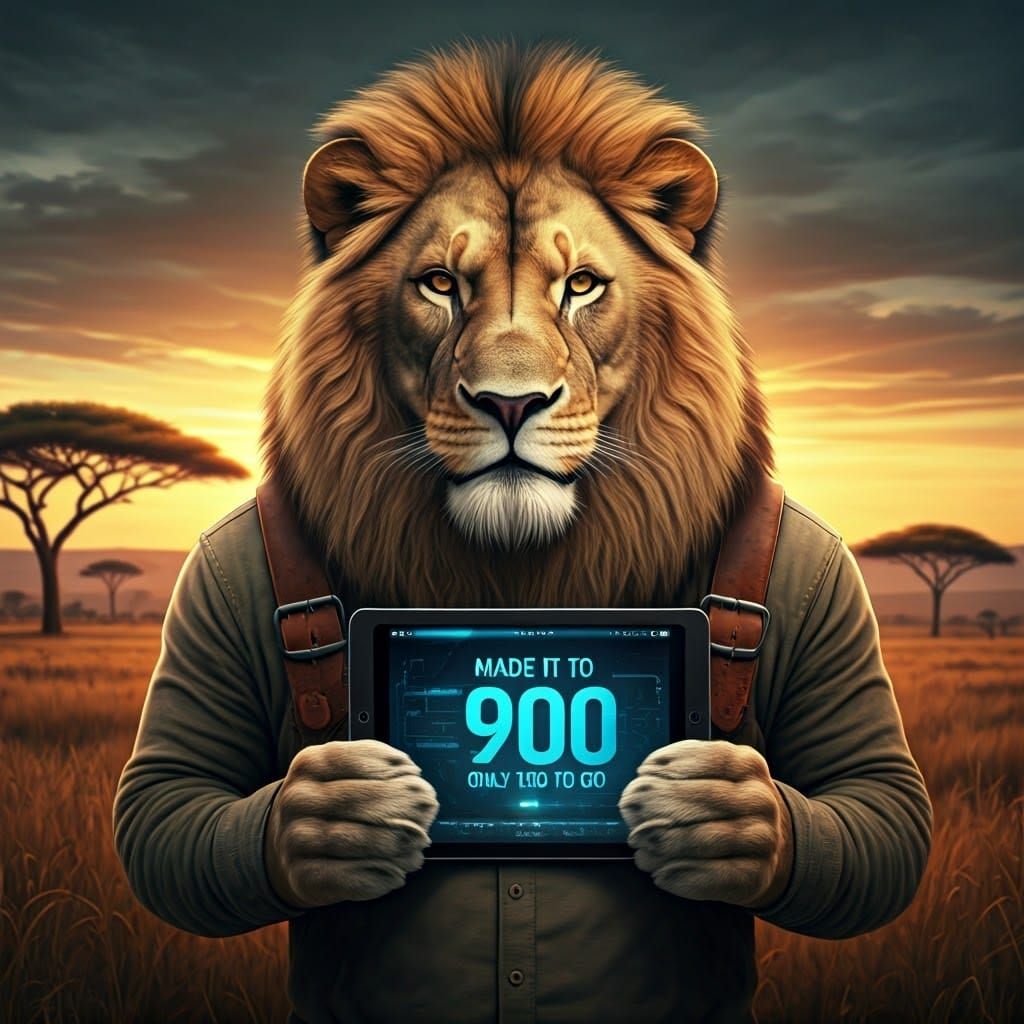 Lion Celebrates Milestone on Tablet in Hyperrealistic Style