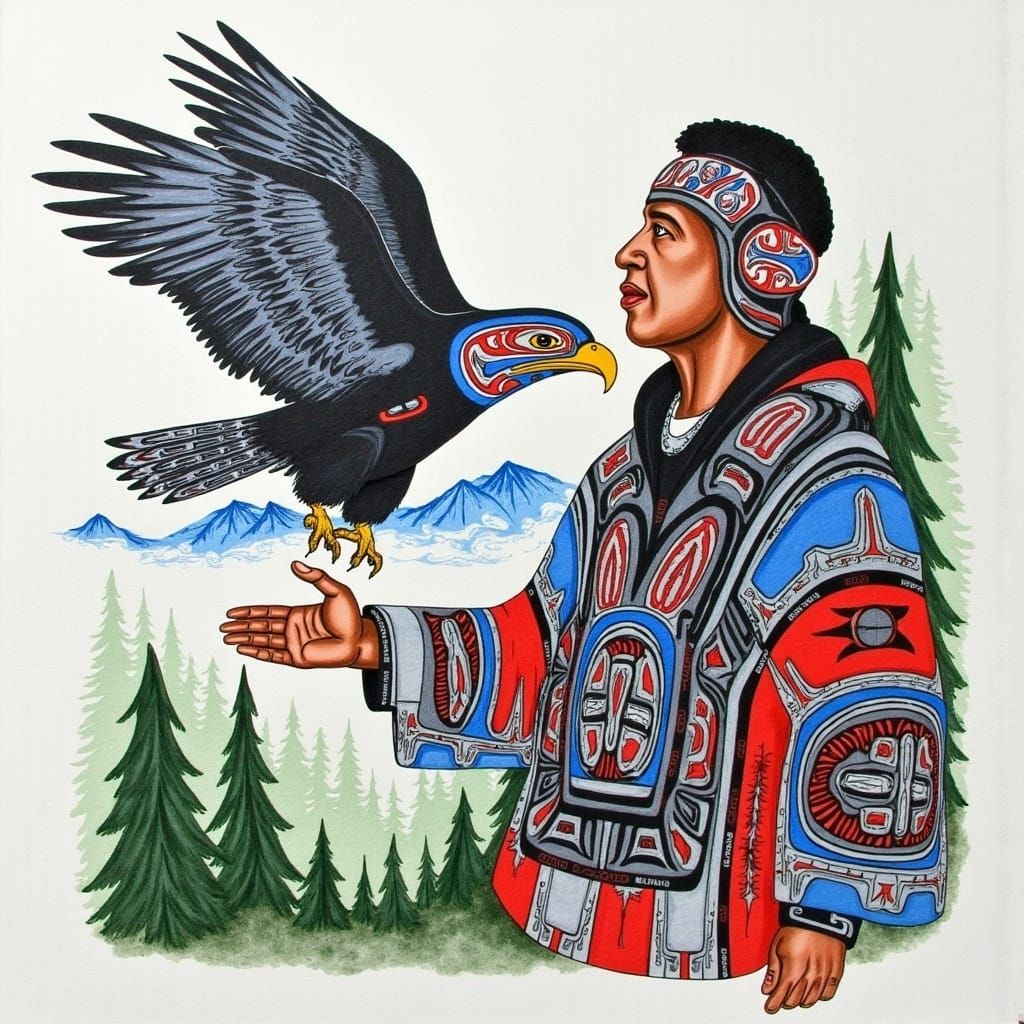 Haida Style Portrait: Eagle and Indigenous Man