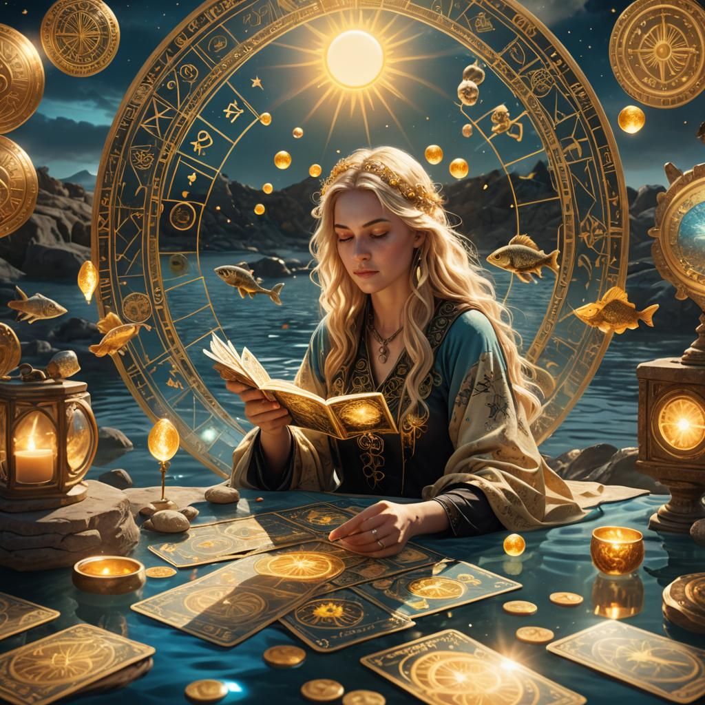 Blonde Tarot Reader Surrounded by Sun and Water