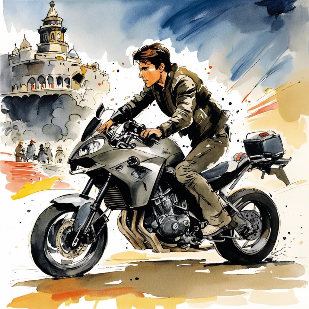 Motorcycle Stunt Scene in Quentin Blake Style