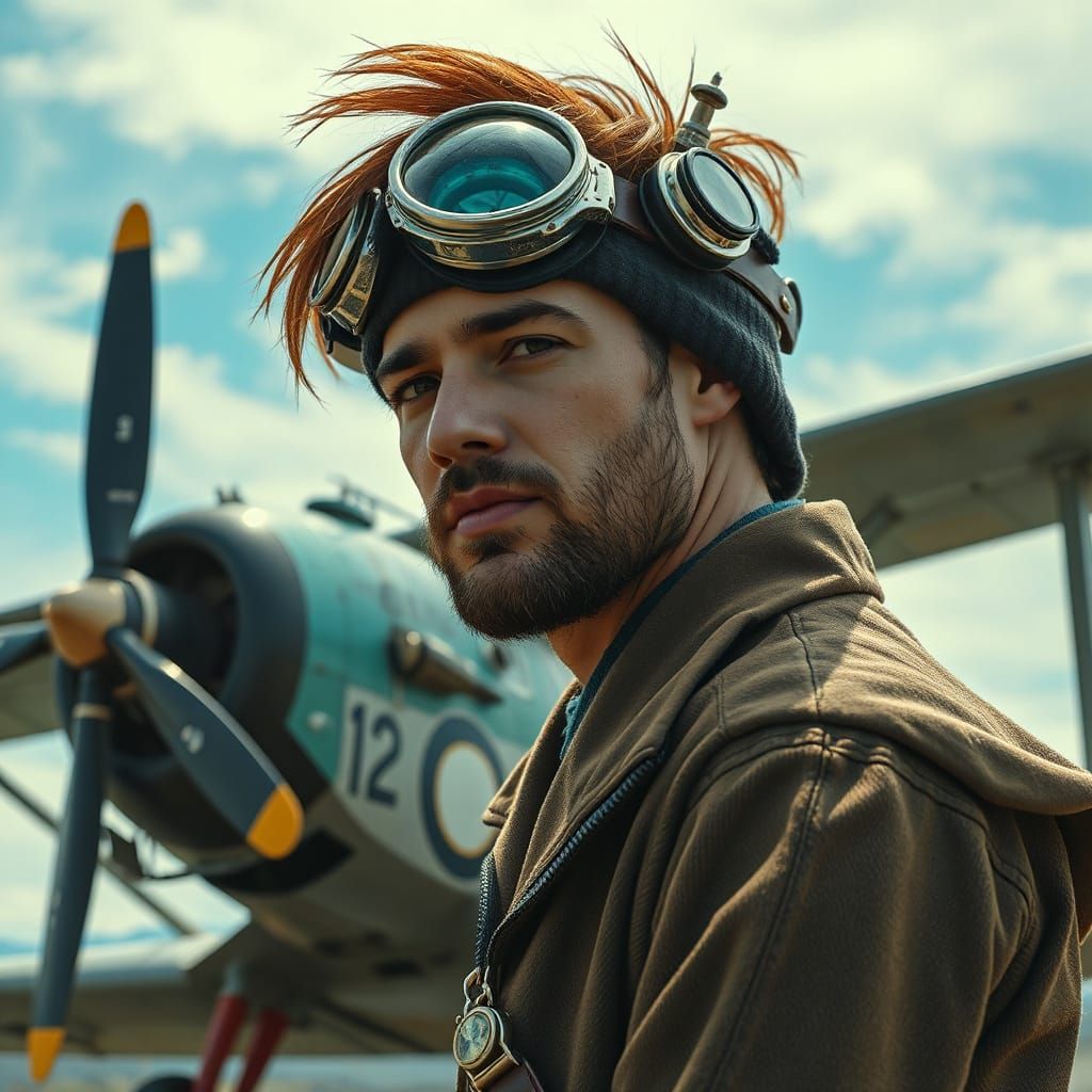 Dieselpunk Aviator in Turquoise Sky