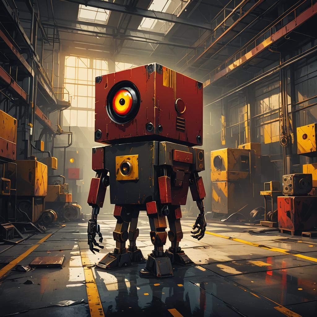 Red Cube Robot in Moody Industrial Factory