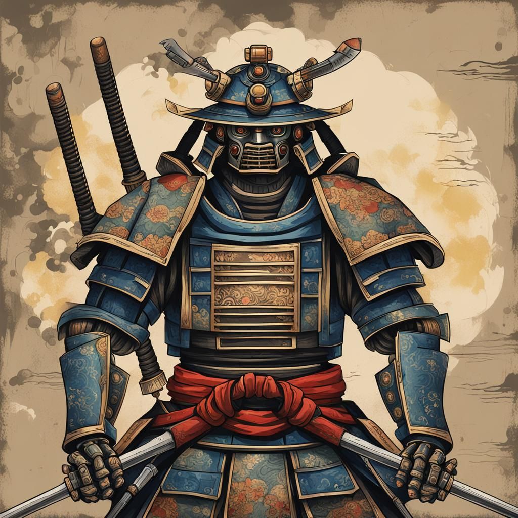 Robot Samurai in Ancient Painting Style