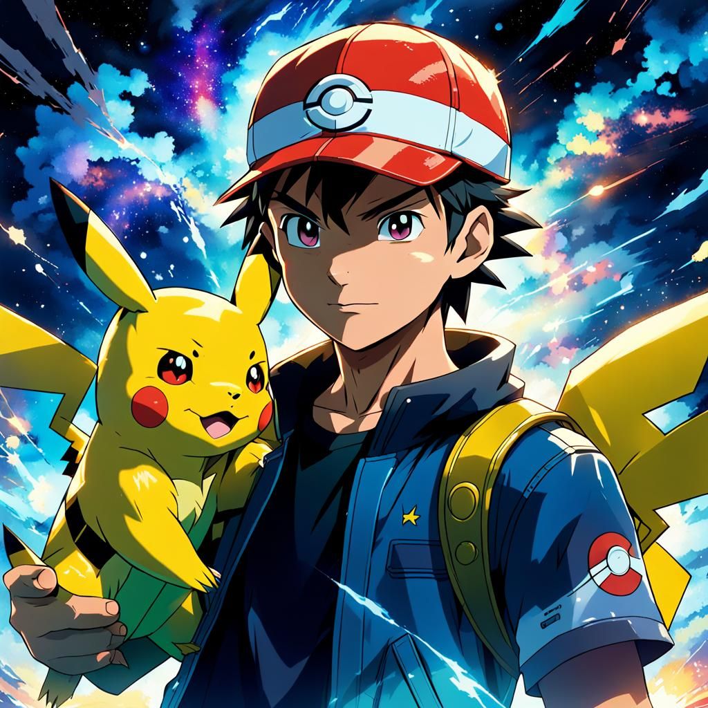 Ash and Pikachu in Galaxy Style Anime Art