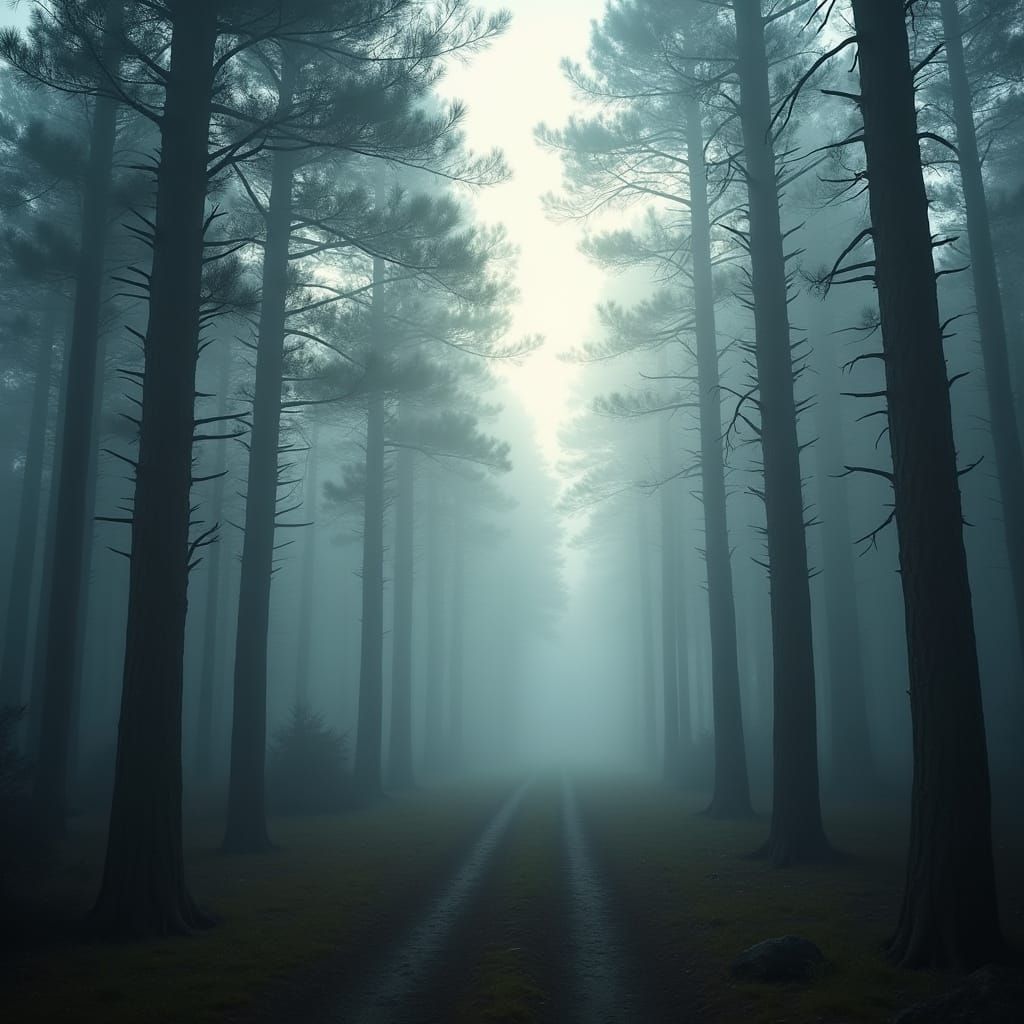 Ethereal Foggy Forest Path at Dawn