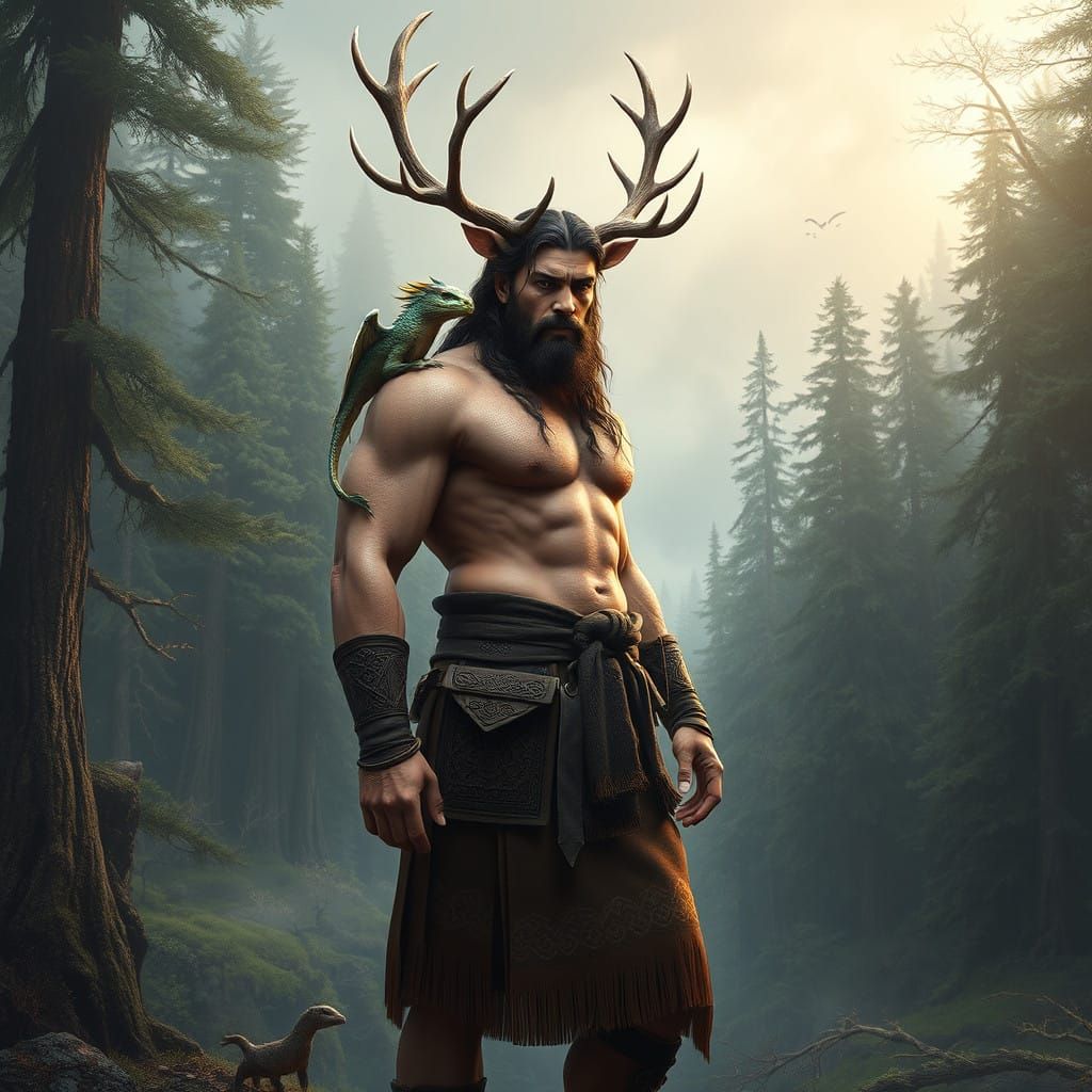 Rugged Highlander with Majestic Antlers and Celtic Dragon Co...