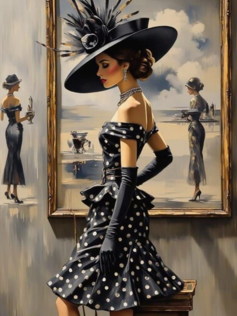 Elegant Woman in Vintage-Inspired Polka-Dot Haute Couture En...
