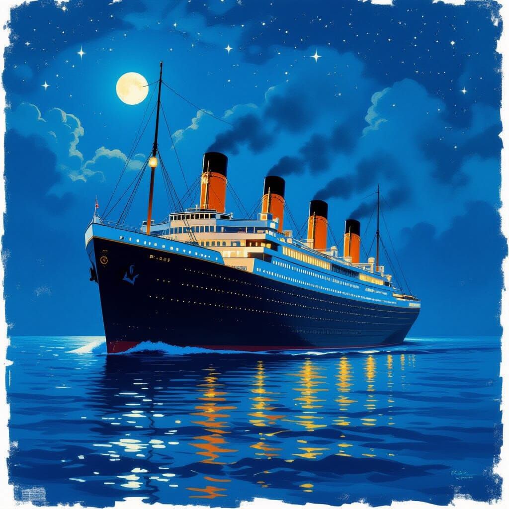 Titanic Sails Under Moonlit Sky in Painterly Style