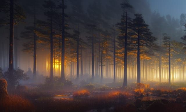 Mystical Forest with Fireflies and Rain at Night