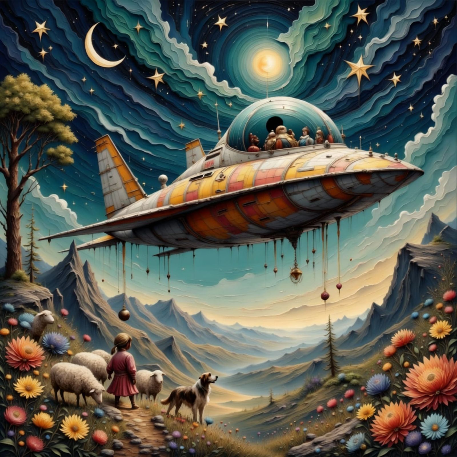 Spaceman Lands Ship Over Snowy Village in Watercolor Style