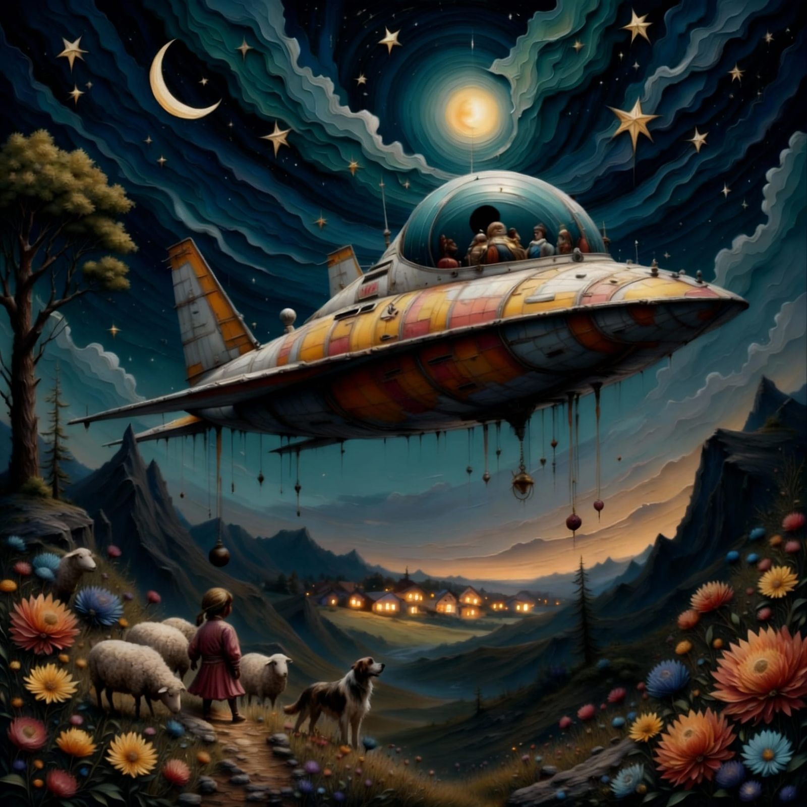 Spaceman's Ship Halts Over Village in Watercolor Style