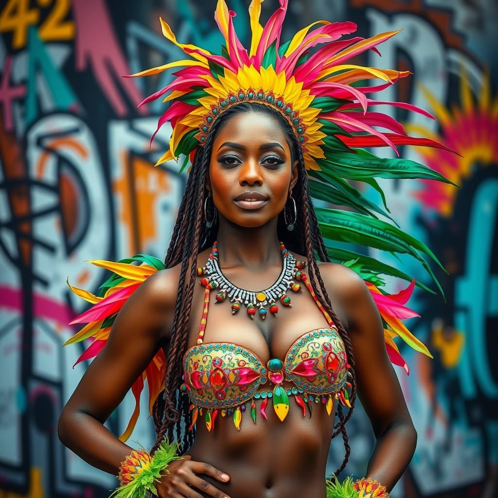 Jamaican woman in a Caribbean Day Parade outfit with bikini and feathers intricate details, HDR, beautifully shot, hyper...