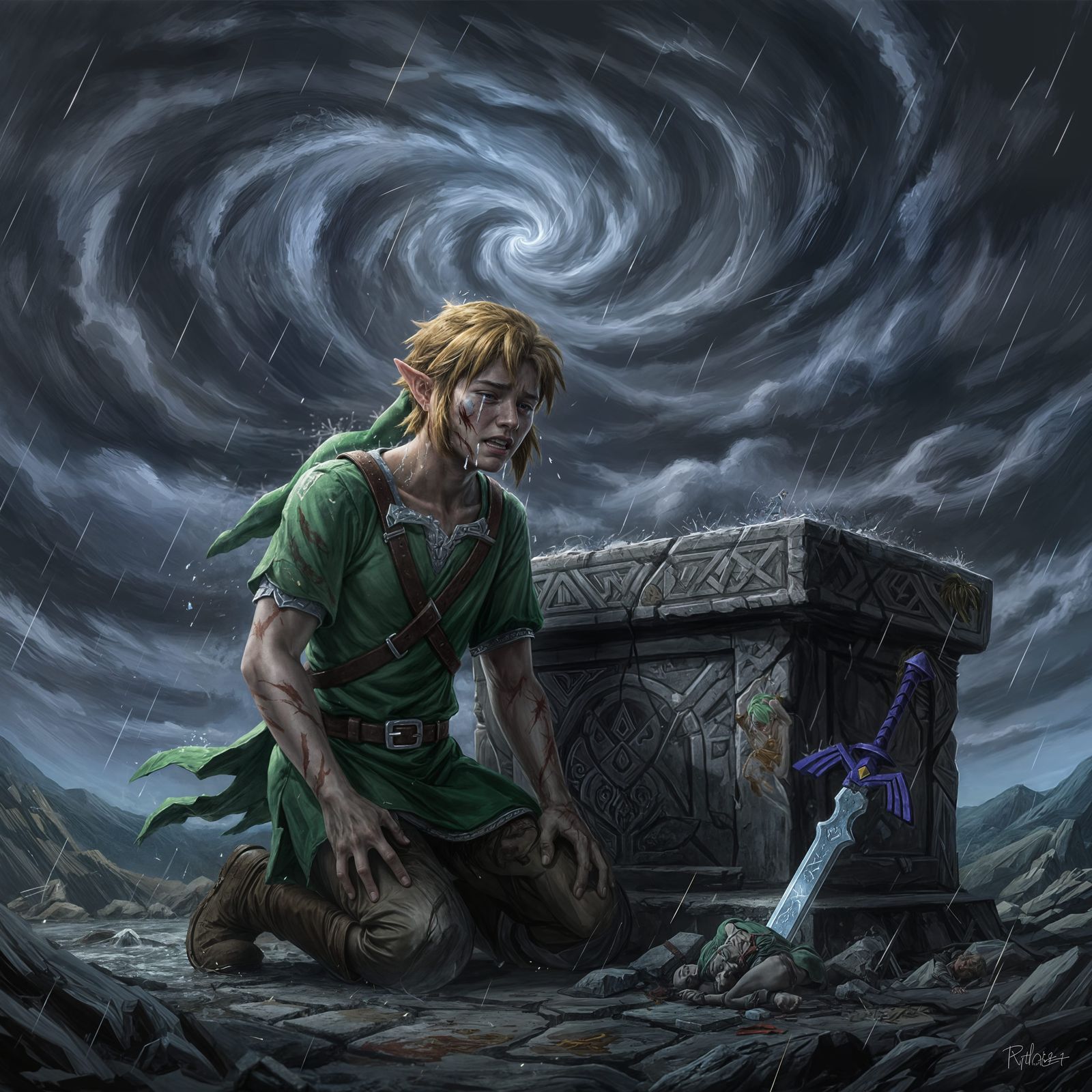 Link's Despair: Battle Lost in Dark Fantasy Art