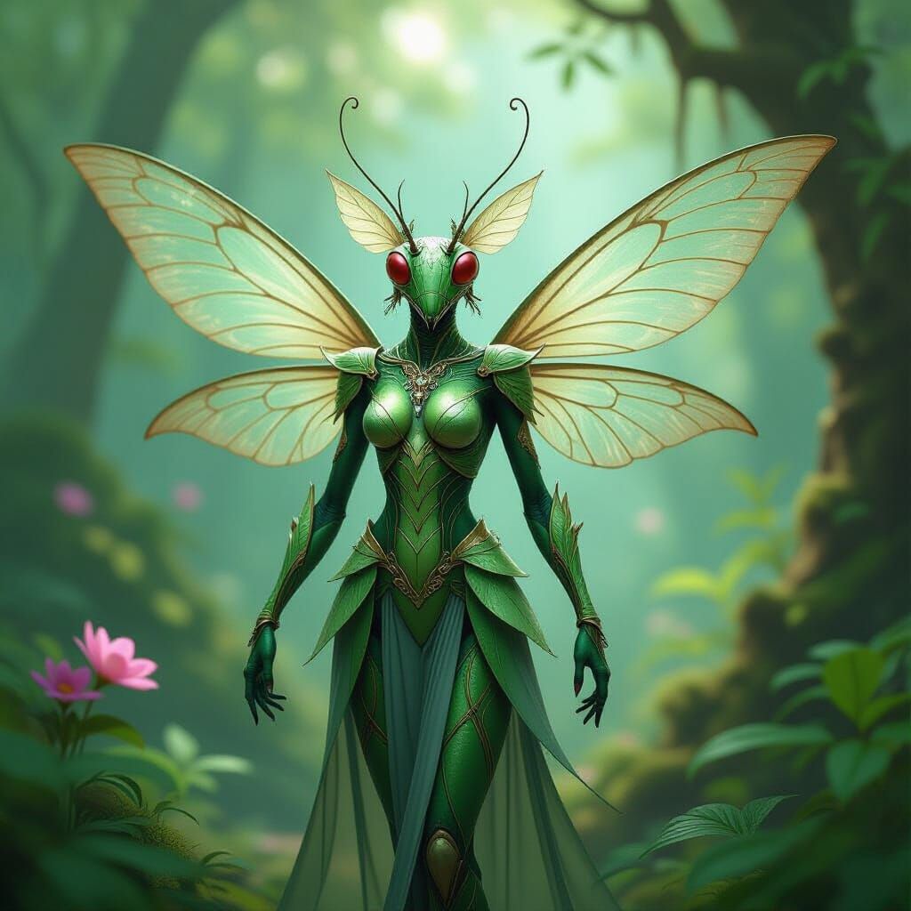 Humanoid Mantis Fairy in Lush Forest