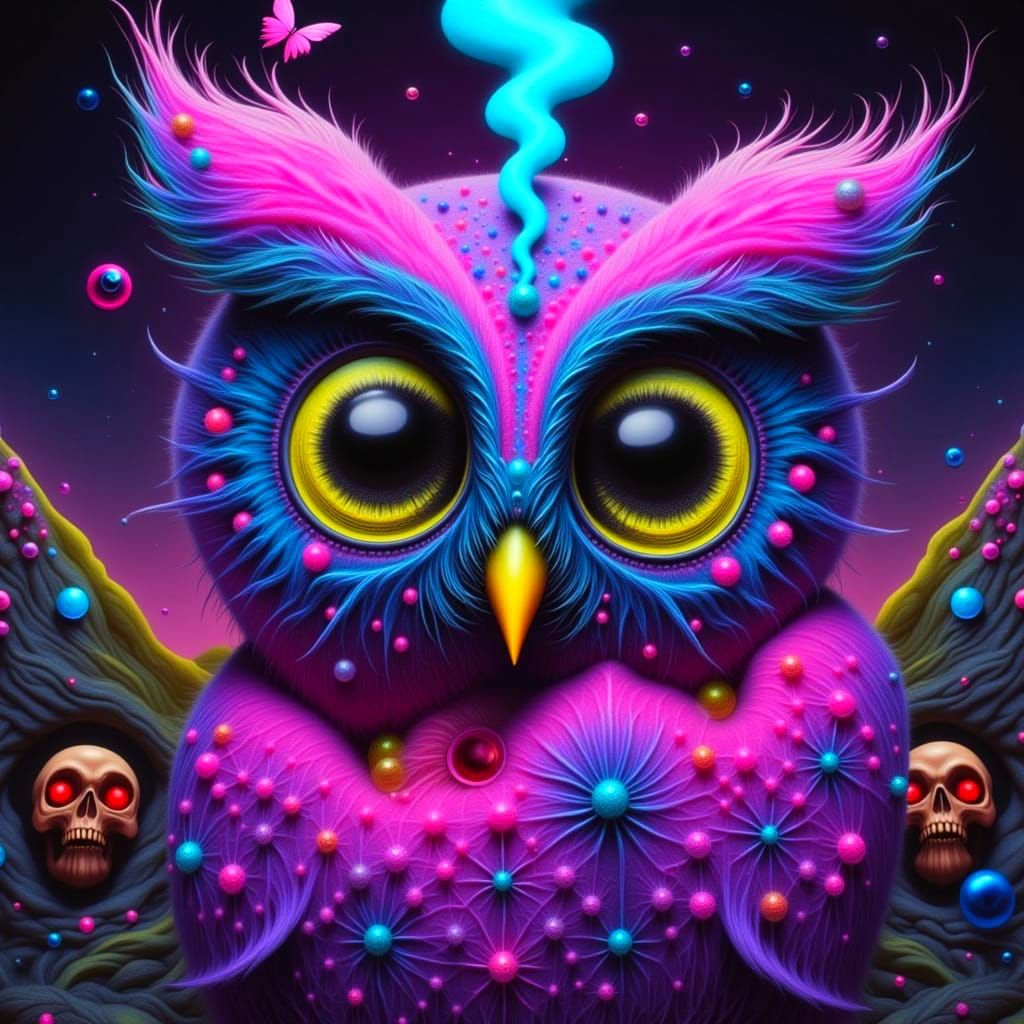 Whimsical Gothic Owl with Neon Accents in a Fantastical Real...