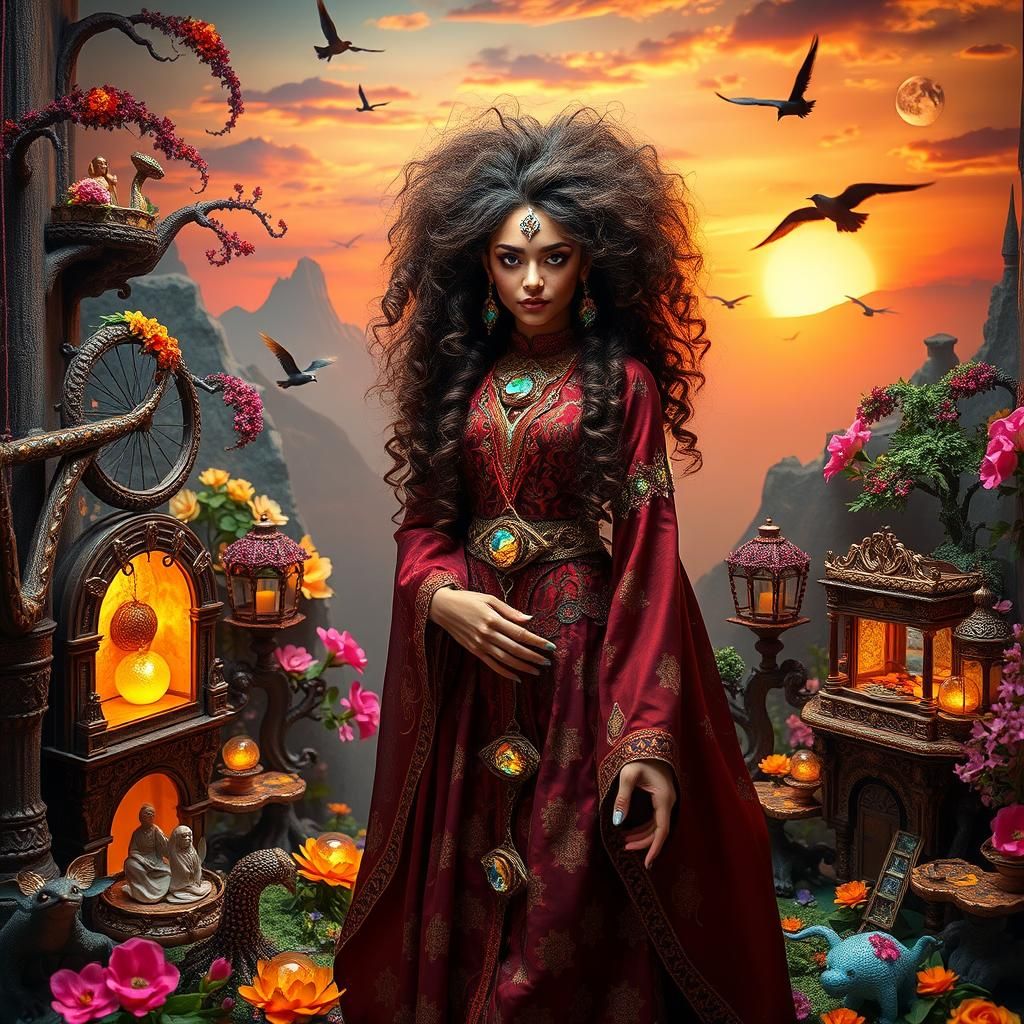 Mystical Sorceress in Elaborate Dollhouse World