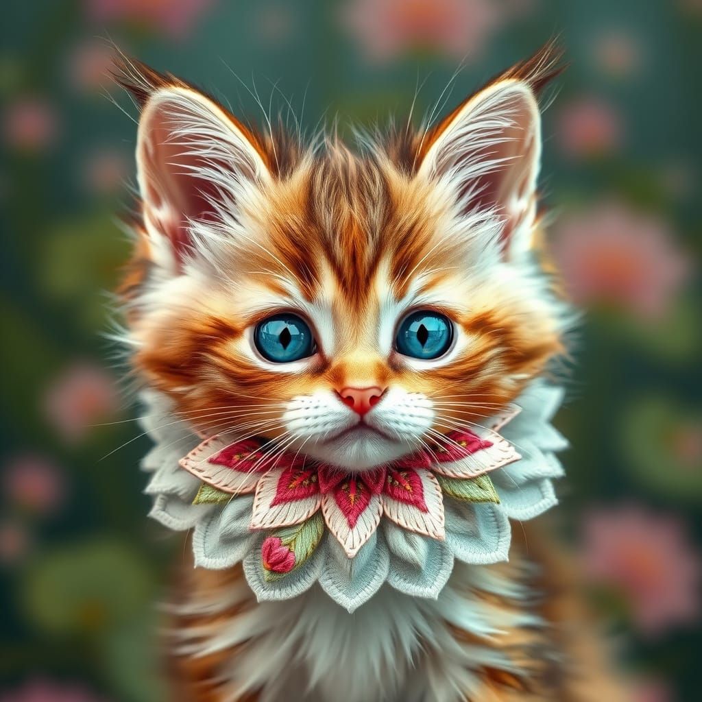 Kitten with Lotus-Inspired Embroidery in Vibrant Dreamscapes