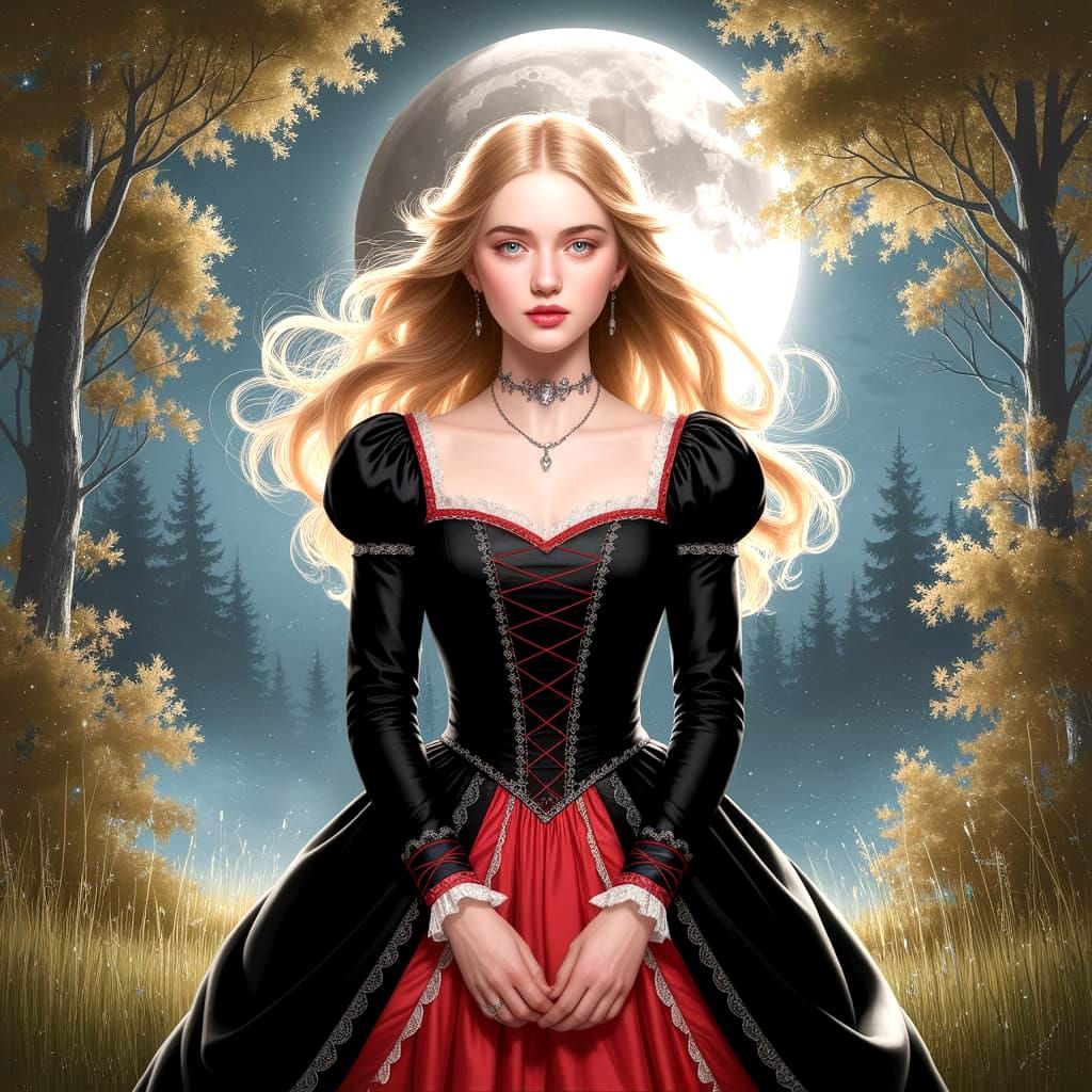 Victorian Beauty in Moonlit Forest: An Oil Painting