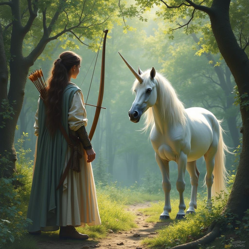 Medieval Archer Meets Unicorn in Whimsical Forest Glade