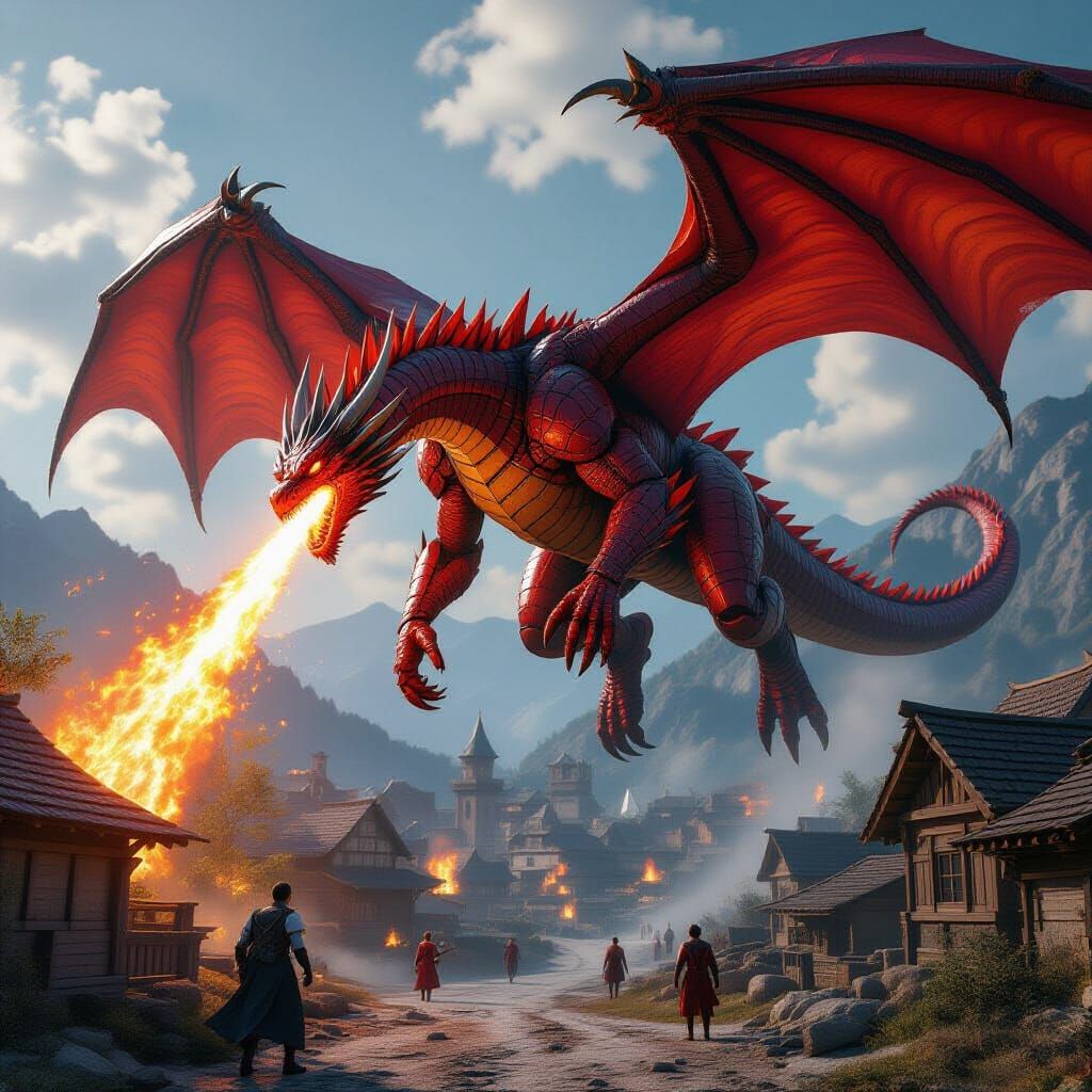 Gigantic Red Dragon Destroys Village with Fire Breath