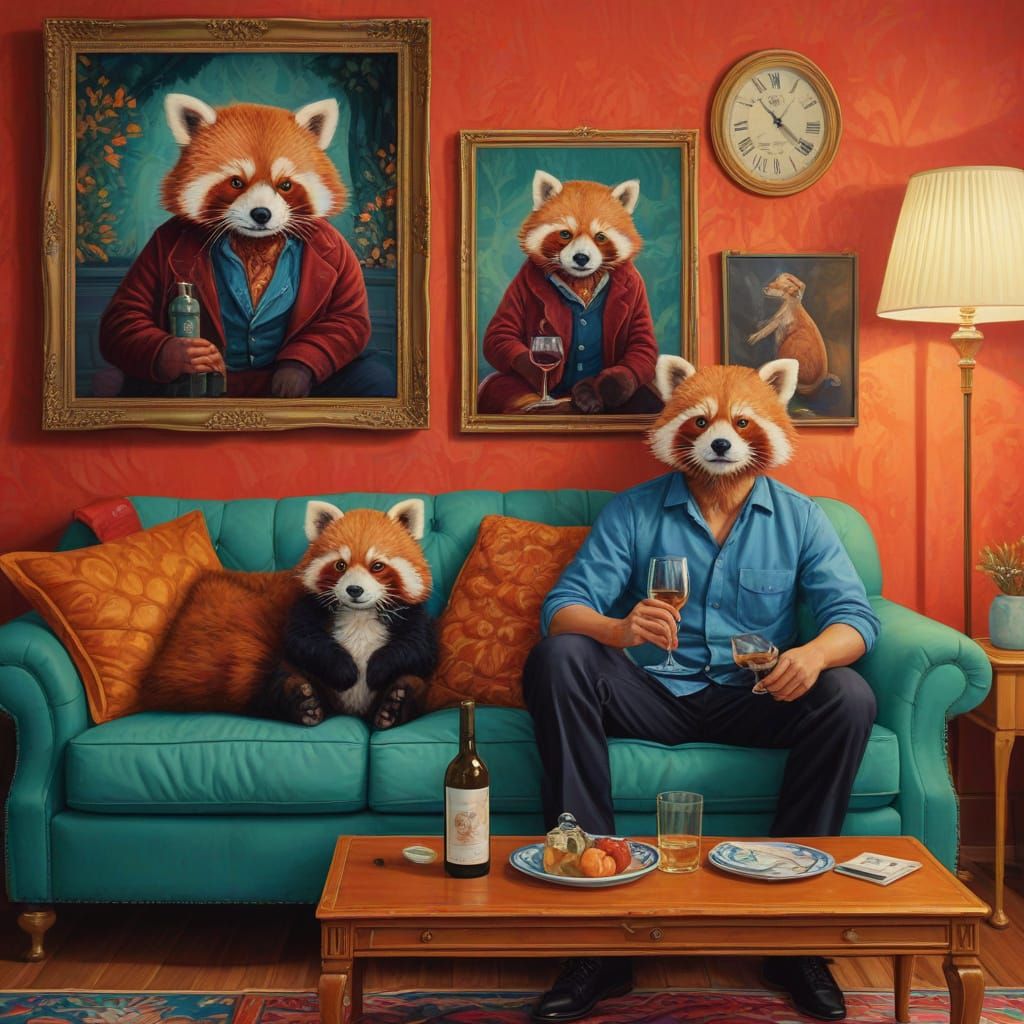 Red Panda and Man Enjoy Wine in Cozy Living Room Oil Paintin...