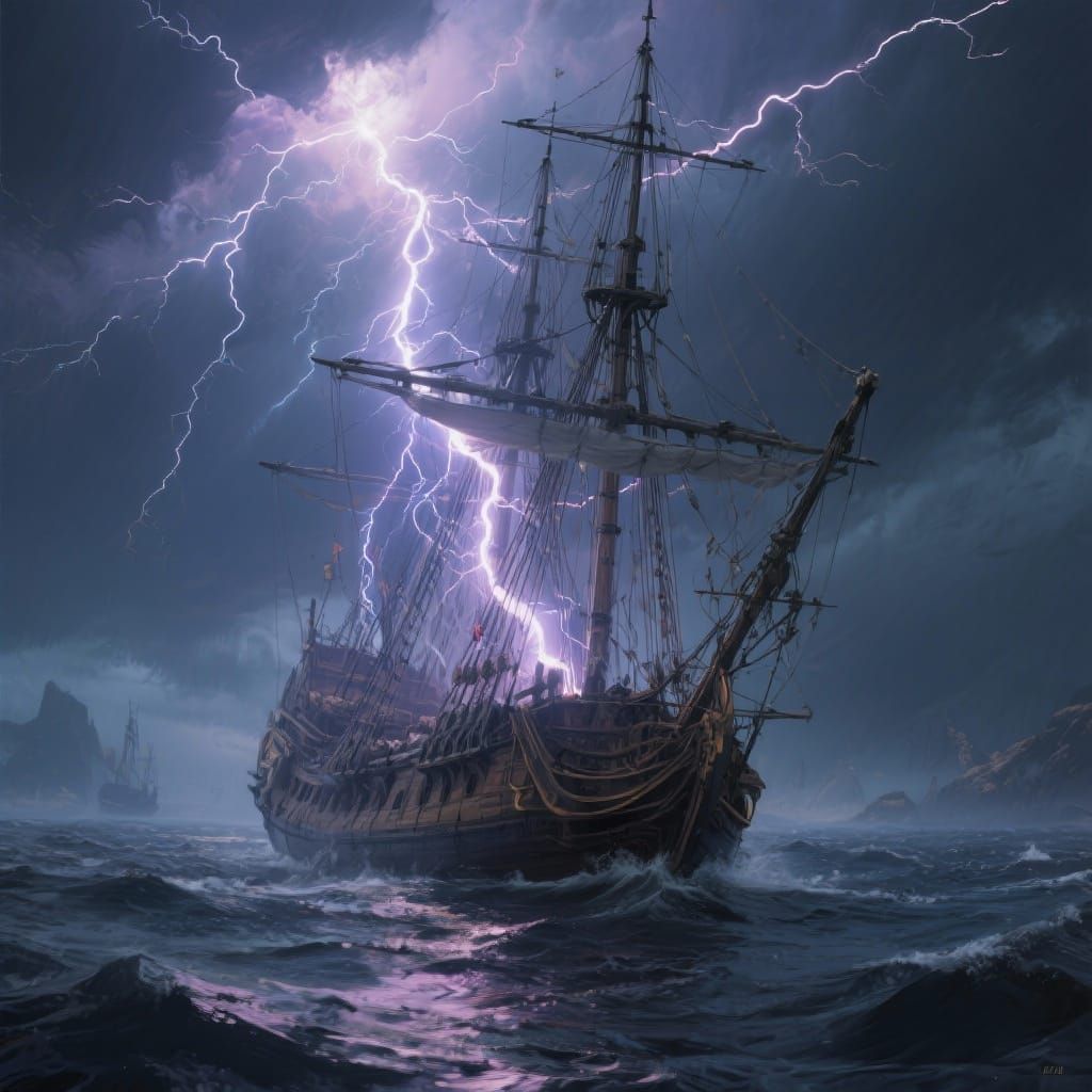 Lightning striking the boat at sea