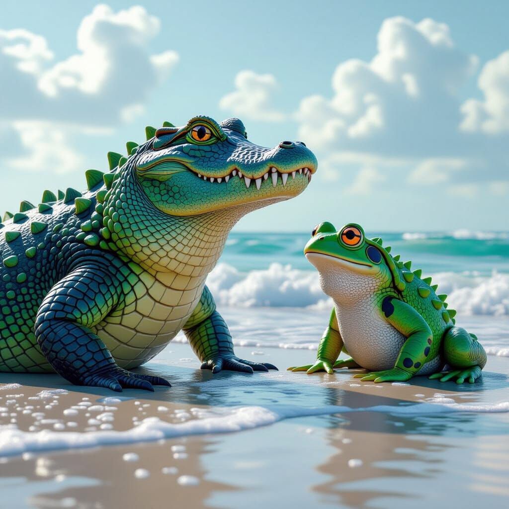 Alligator and Toad Chatting on Seashore