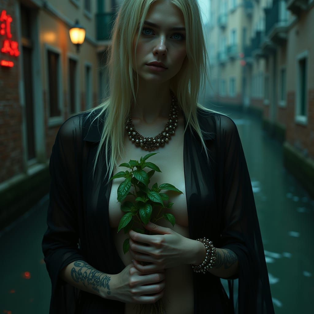 Woman in Venice: Hyperrealistic Neon Portrait