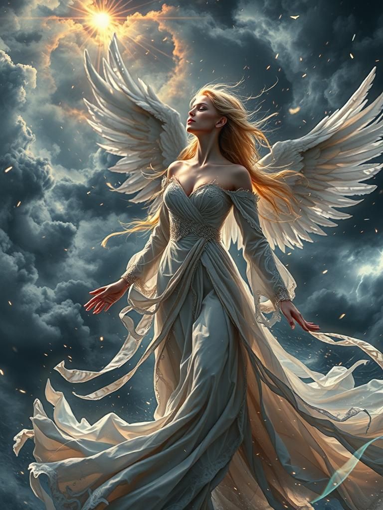Celestial Angel Falling Through Stormy Skies