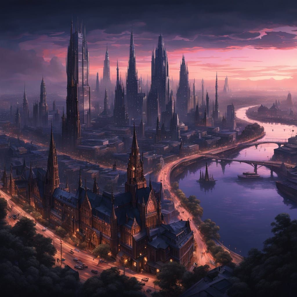 Surreal Hyper-Realistic Cityscape at Sunset