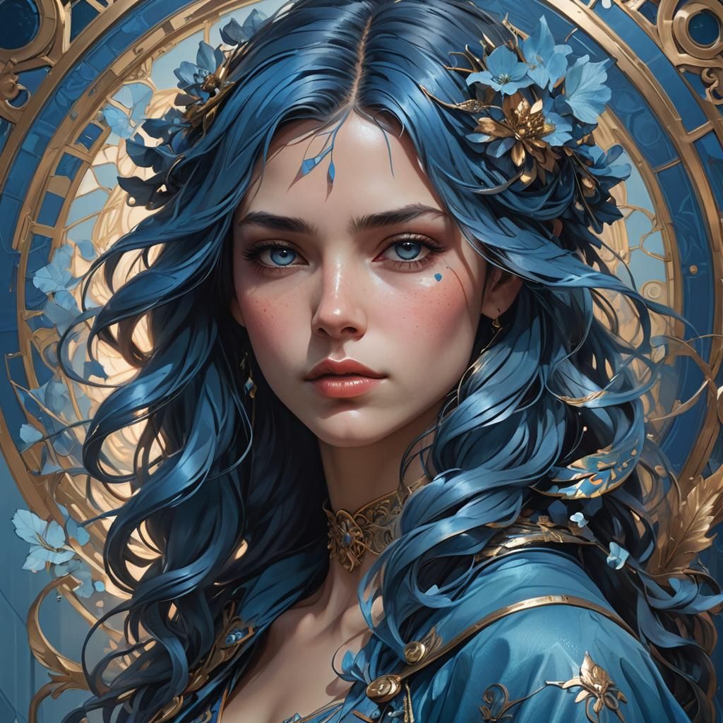 Blue Portrait in Hyperdetailed Splash Art Style