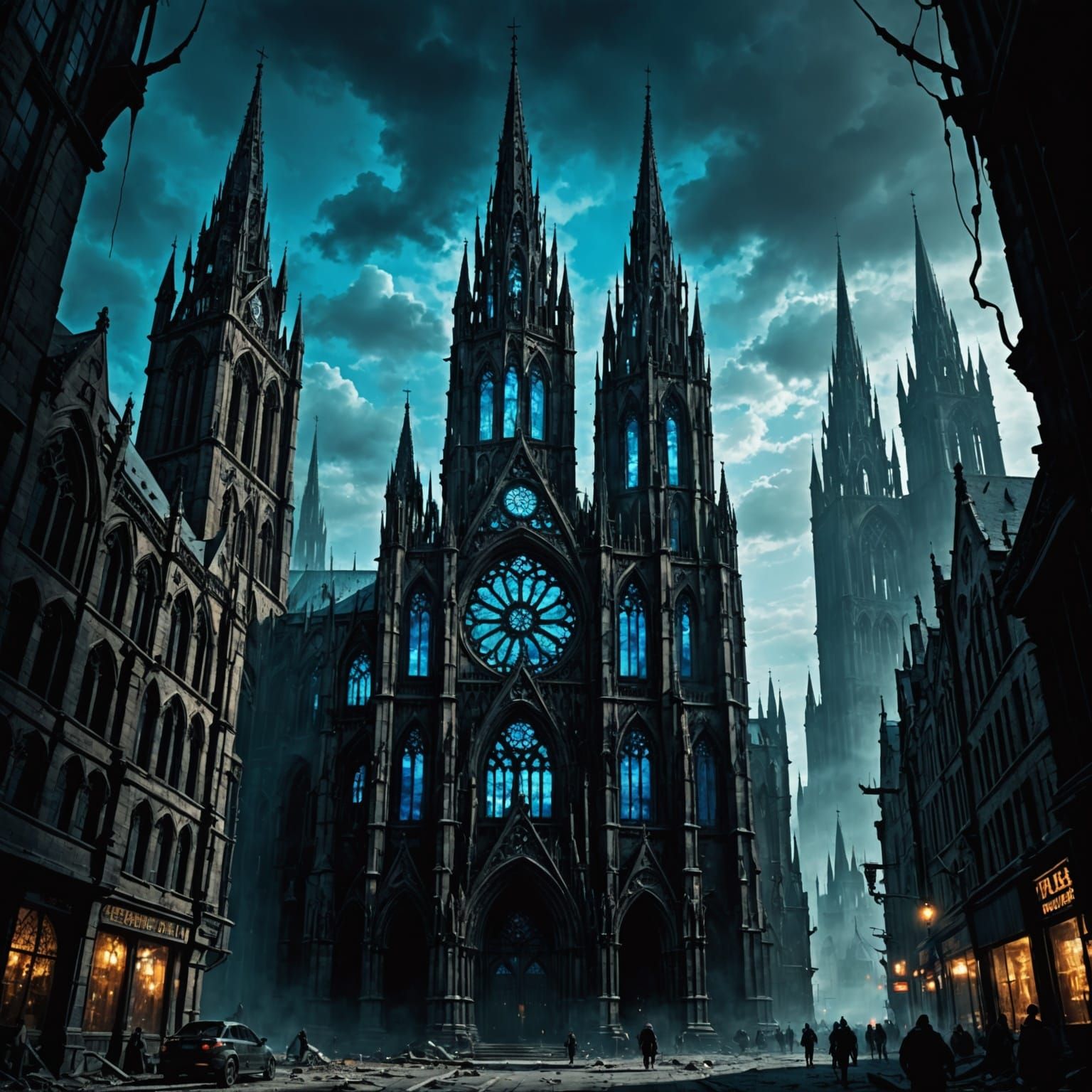 Cyber-Gothic Cathedral in Dystopian Cityscape