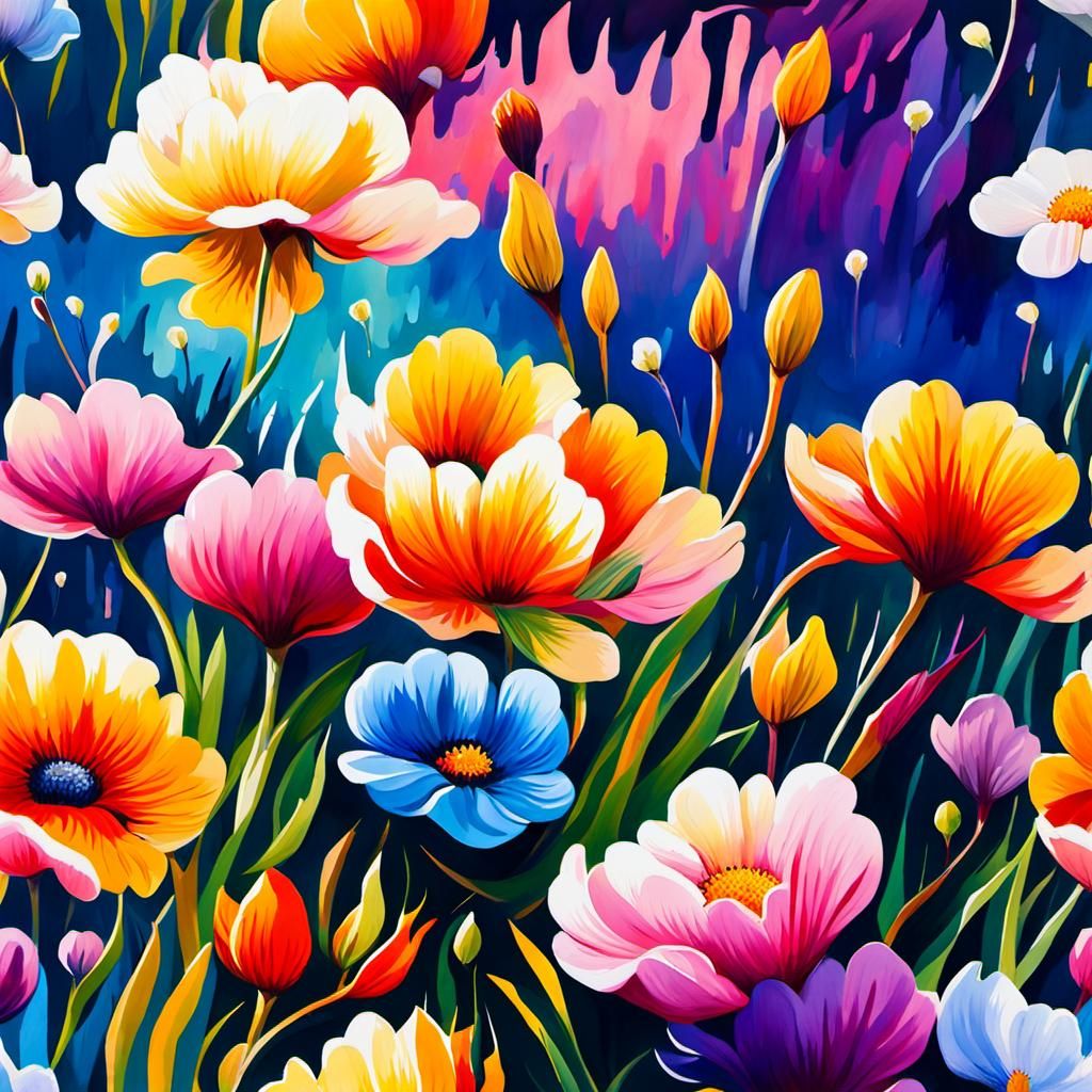 Spring Flowers Watercolor Painting at Golden Hour