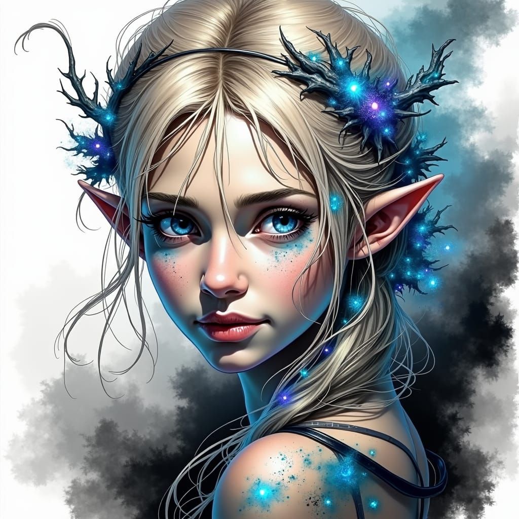 Beautiful Elf with Iridescent Mist, Dark Fantasy Art